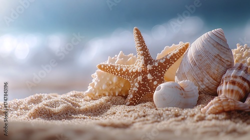 Fototapeta Naklejka Na Ścianę i Meble -  starfish and shells on the beach and beautiful sea waves