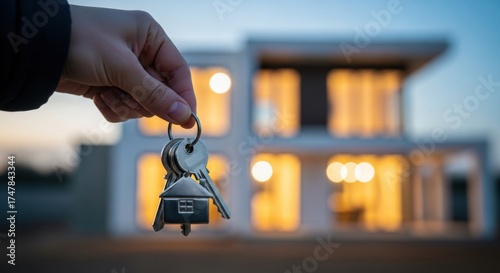 Hand holding house keys in front of modern home at dusk, real estate and new home concept