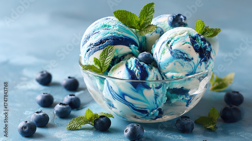 Realistic Style Blueberry Ice Cream on Blue Background