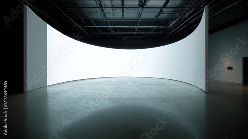 Modern empty curved white wall interior with polished concrete floor and dark ceiling structure