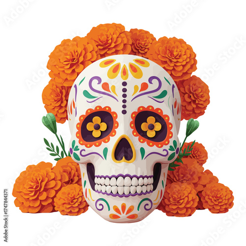 Vibrant Sugar Skull and Marigold Flowers for Day of the Dead Celebration