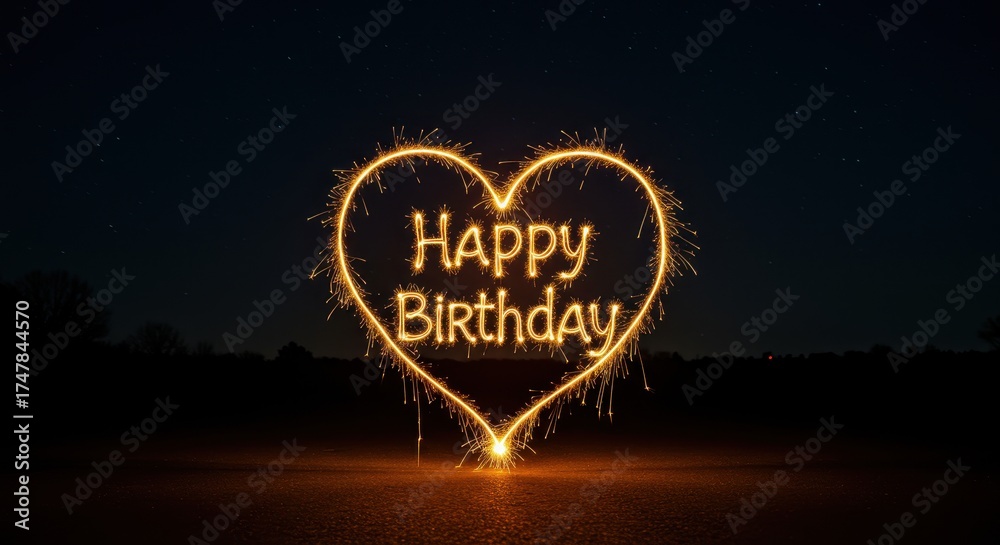 Fototapeta premium Glowing Heart Birthday Wishes: An artistic heart-shaped display of sparkling lights forms the warm wish of Happy Birthday.
