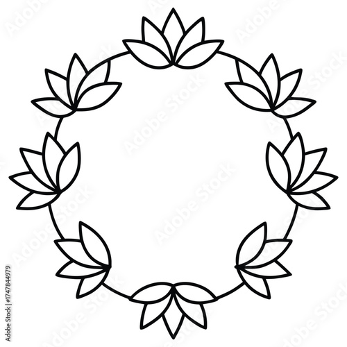 Symmetrical circular wreath composed of stylized black outline lotus blossoms on a white background.