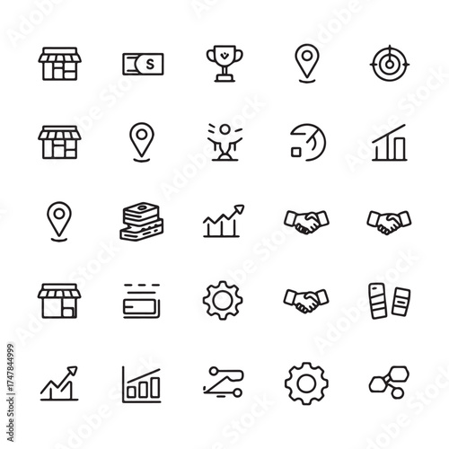 Modern collection of forty minimalist business, franchise, and retail store line icons. 