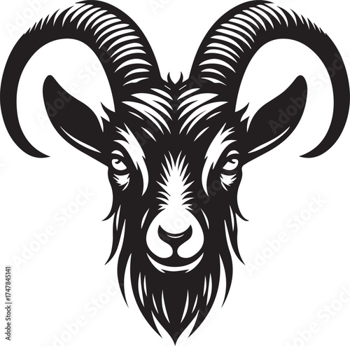 Bold ram head illustration with striking horns and intense gaze for powerful branding