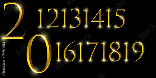 Golden Number 3D Style Font. one to Nine Isolated Letters. Birthday golden numbers Vector design elements. Golden numbers set. Vector 3d illustration. Realistic shiny characters eps 10