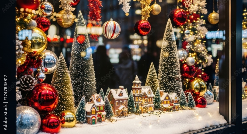 Naklejka premium Festive holiday display of miniature village with christmas trees and colorful ornaments