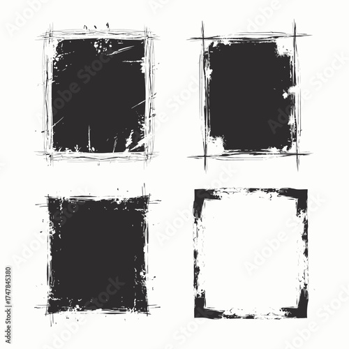 Black grunge frame set with rough painted borders and splattered ink textures on a vintage paper background