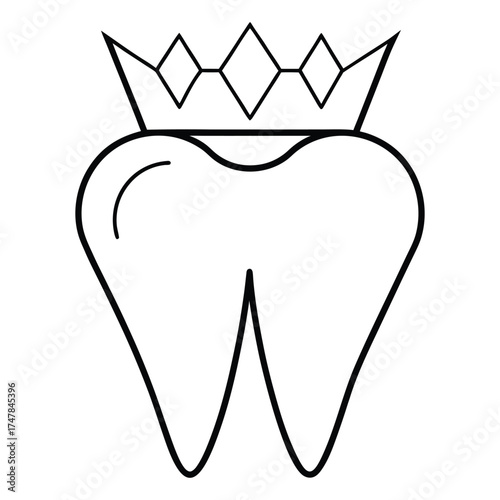 Black and white illustration of a tooth wearing a crown, dental health concept.