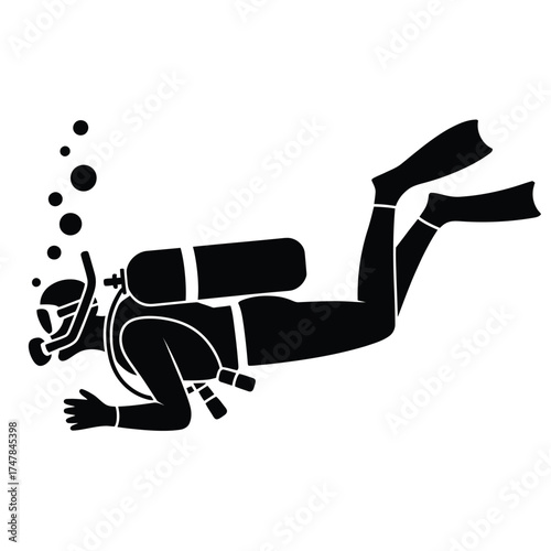 Silhouette of a scuba diver exploring underwater with bubbles