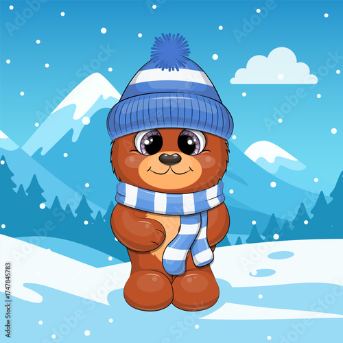 Cute cartoon Bear with blue scarf and hat in winter. Vector Illustration of Animal in nature on a blue background with snow.