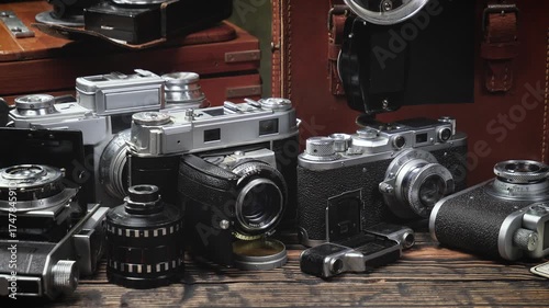 Old cameras in a composition on a wooden background, slowly moving in a horizontal plane.