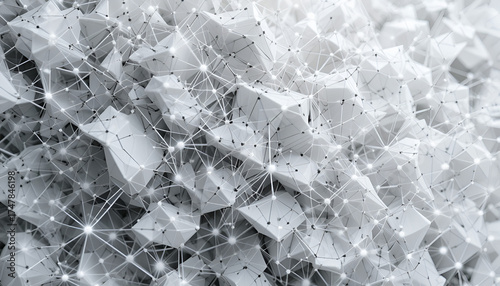 Abstract geometric network with interconnected nodes and polygonal shapes