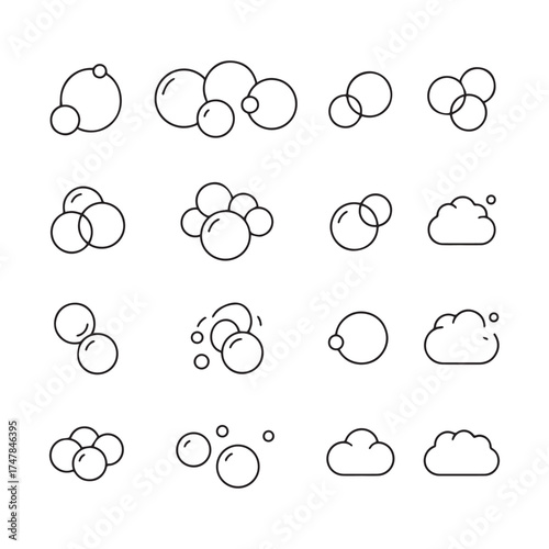 Modern collection of minimalist bubble, foam, and cleanliness themed outline vector icons. 