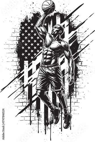 Muscular Basketball Player Dunking with Grunge American Flag Background