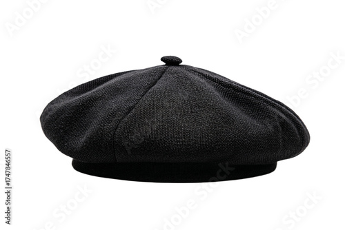 Classic black wool French beret hat isolated on white.
