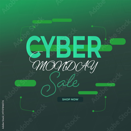 Cyber Monday Sale Green Background Design with Futuristic Neon Text Effect, Digital Grid Elements, and Modern Style Layout – Perfect for E-commerce, Online Deals, Technology Sales, and Promotional Mar