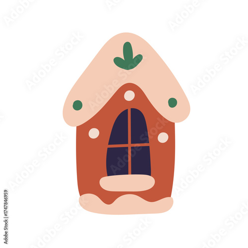 Gingerbread house, Christmas cookie. Sweet festive treat decorated with icing. Homemade dessert, home ginger bread bakery for winter holiday. Flat vector illustration isolated on white background