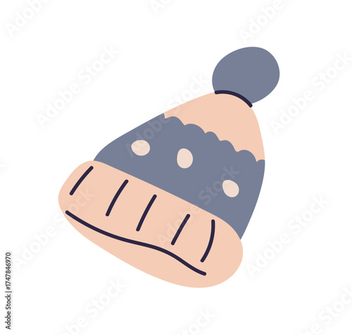 Winter hat with pom-pom. Knitted woolen beanie, knitwear in cozy style. Soft warm wool head accessory, headwear for cold weather. Seasonal wear. Flat vector illustration isolated on white background