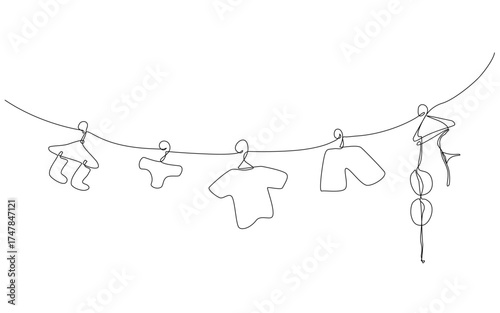 Minimal continuous one line drawing of various clothes hanging on a line, symbolizing simplicity, everyday life, and gentle rhythm in domestic scenes. Vector Editable stroke