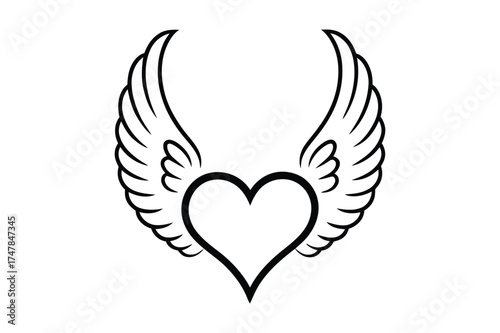 Simple outline drawing of a heart with angel wings symbolizing love and freedom