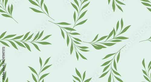 Delicate green leaves softly scattered on a pale mint background creating a calming natural pattern.