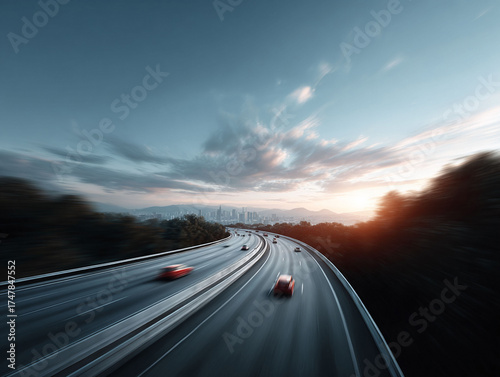 A dynamic shot of cars speeding on a modern highway towards a distant cityscape at dusk. Concept of travel, progress, and the future. Use for business or transportation.