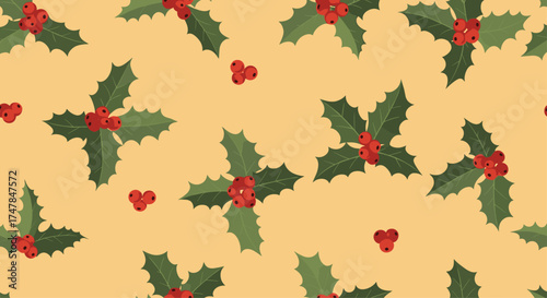 Festive pattern of holly leaves and berries on a warm yellow background