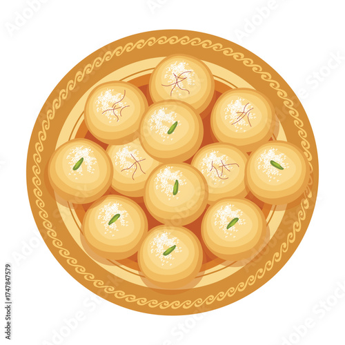 Top View of Indian Peda Sweet on Ornate Gold Plate Vector