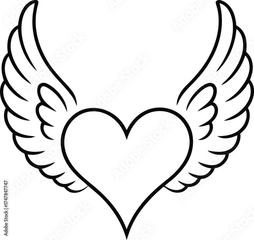 Outline of a classic heart shape with feathered wings extending upwards and outwards on a white background