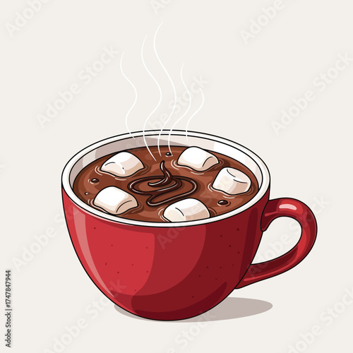 Red mug of hot chocolate with marshmallows a vector illustration for winter holidays isolated on a white background