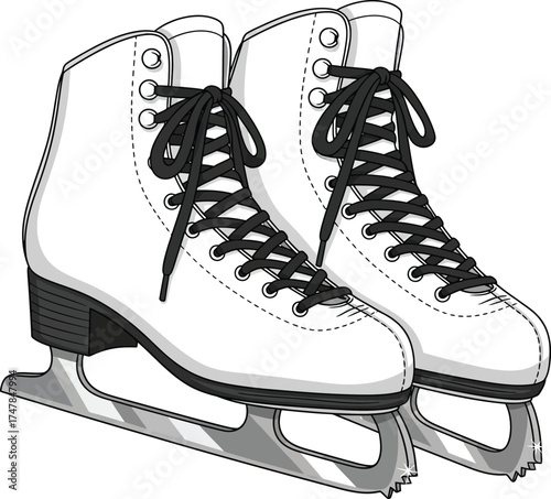 Pair of white ice skates with black laces vector illustration for winter sports and recreational activities isolated on white background