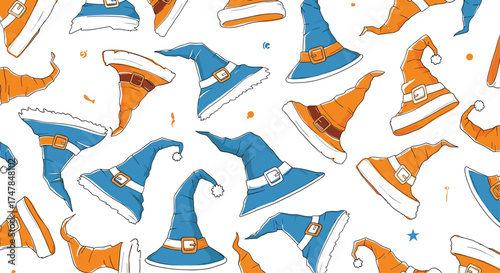 Whimsical collection of patterned wizard hats in blue and orange.