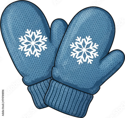 Pair of blue knitted mittens with snowflake design winter clothing accessory vector illustration isolated on white background