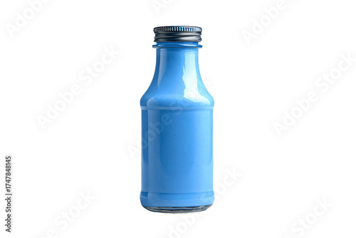Small glass bottle containing a bright blue opaque liquid isolated.
