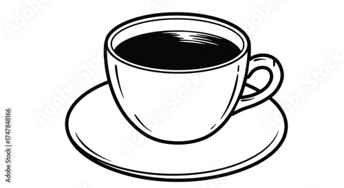 A simple black and white illustration of a steaming cup of coffee on a saucer.
