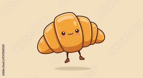 Adorable Cartoon Croissant Character with Cute Face and Legs