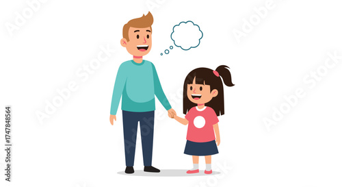 A father and his young daughter holding hands while talking with a speech bubble above the father's head.