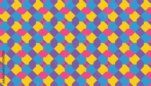 Colorful geometric seamless pattern with interlocking shapes in purple, yellow, blue, and pink tones. The vibrant symmetry creates a lively retro-modern design