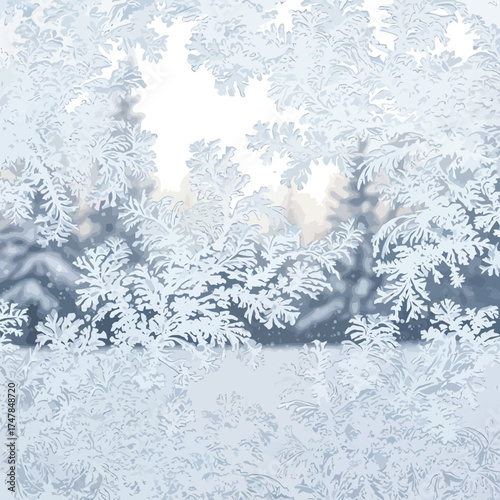Frosty window pane with intricate ice patterns a winter scene with blurred trees perfect for seasonal backgrounds and holiday themes