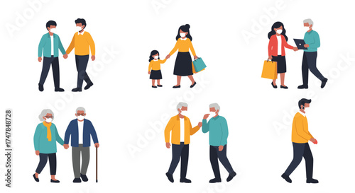 People wearing face masks maintaining social distancing in public places.
