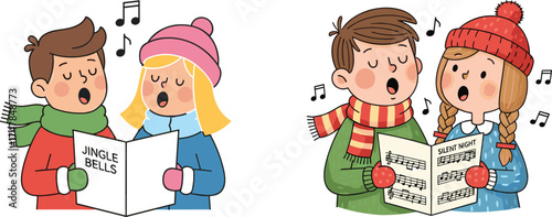 Cartoon Lifestyle Icons Featuring Kids Singing Christmas Carols, Joyful Mood, Holiday Theme, and Dual-Scene Musical Celebration Activity