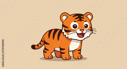 Adorable cartoon tiger cub with orange fur and black stripes.