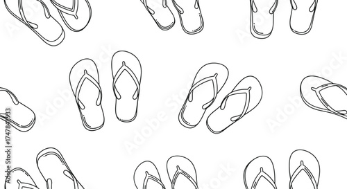 Collection of sketched flip flops arranged in a repeating pattern on a white background.