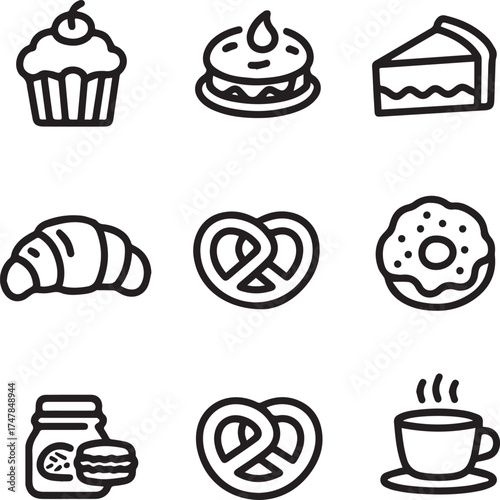 Seamless Thin Line Vector Icon Collection of Bakery and Food Items. 
