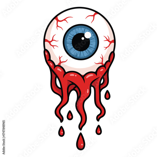 Cartoon Eyeball Dripping Blood with Blue Iris and Red Veins.