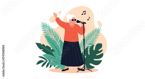 An elderly woman with white hair wearing sunglasses is singing a song into a microphone at a concert.