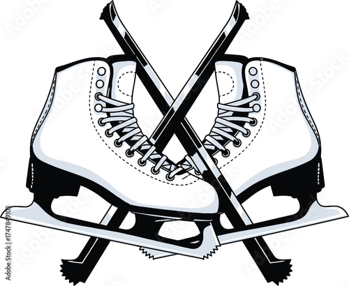Pair of ice skates with crossed hockey sticks vector illustration for winter sports isolated on white background