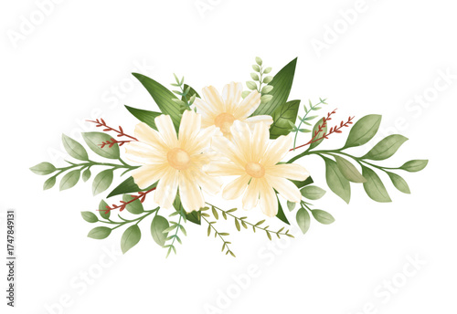 Beautiful watercolor summer floral arrangement with grass and Daisy in bright vintage tones