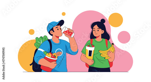 Young people enjoying healthy snacks and drinks outdoors.